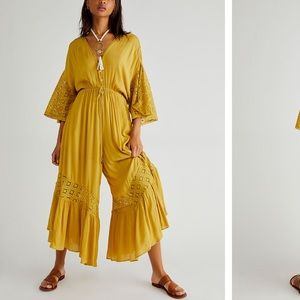Free People Angela Button Crochet Jumpsuit In Mossy Gold